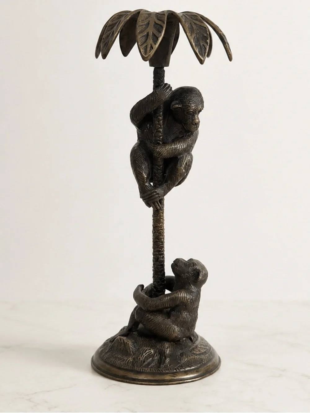 Vintage Solid Brass Monkey Palm Tree Candlestick Tropical Candle Holder 15.5”